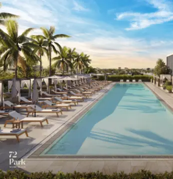 El quinto piso de 72 Park cuenta con una terraza de piscina con una piscina estilo resort de 150 pies, cabañas y un bar al aire libre