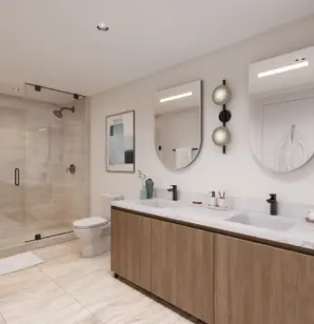 Encimeras y salpicaderos de cuarzo importado, pisos y paredes personalizados en áreas húmedas, y accesorios, herrajes y accesorios premium de Hansgrohe, crean un ambiente tipo spa